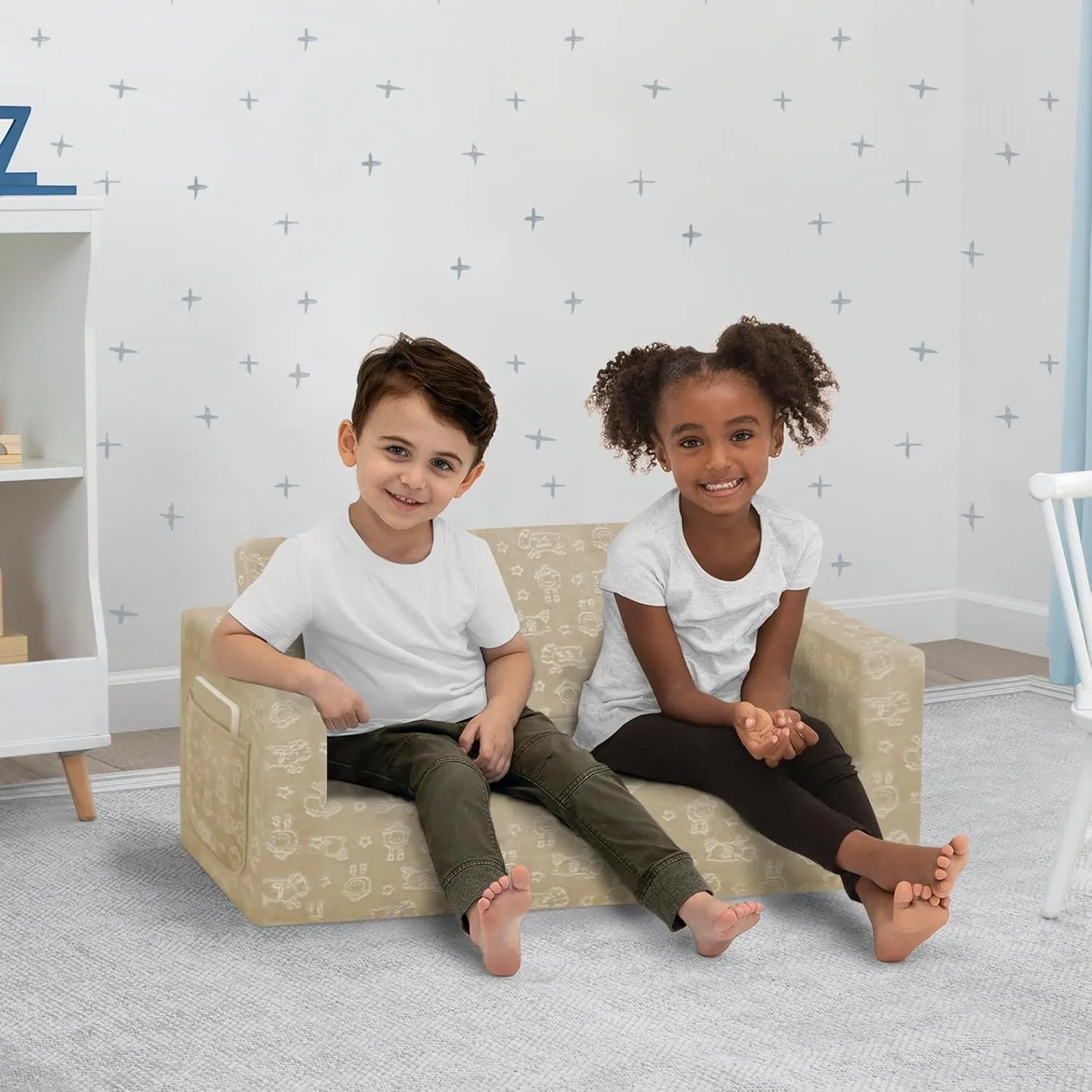 Delta Children Serta Perfect Sleeper Extra Wide Convertible Sofa to Lounger - Comfy 2-in-1 Flip Open Couch/Sleeper for Kids, Cream