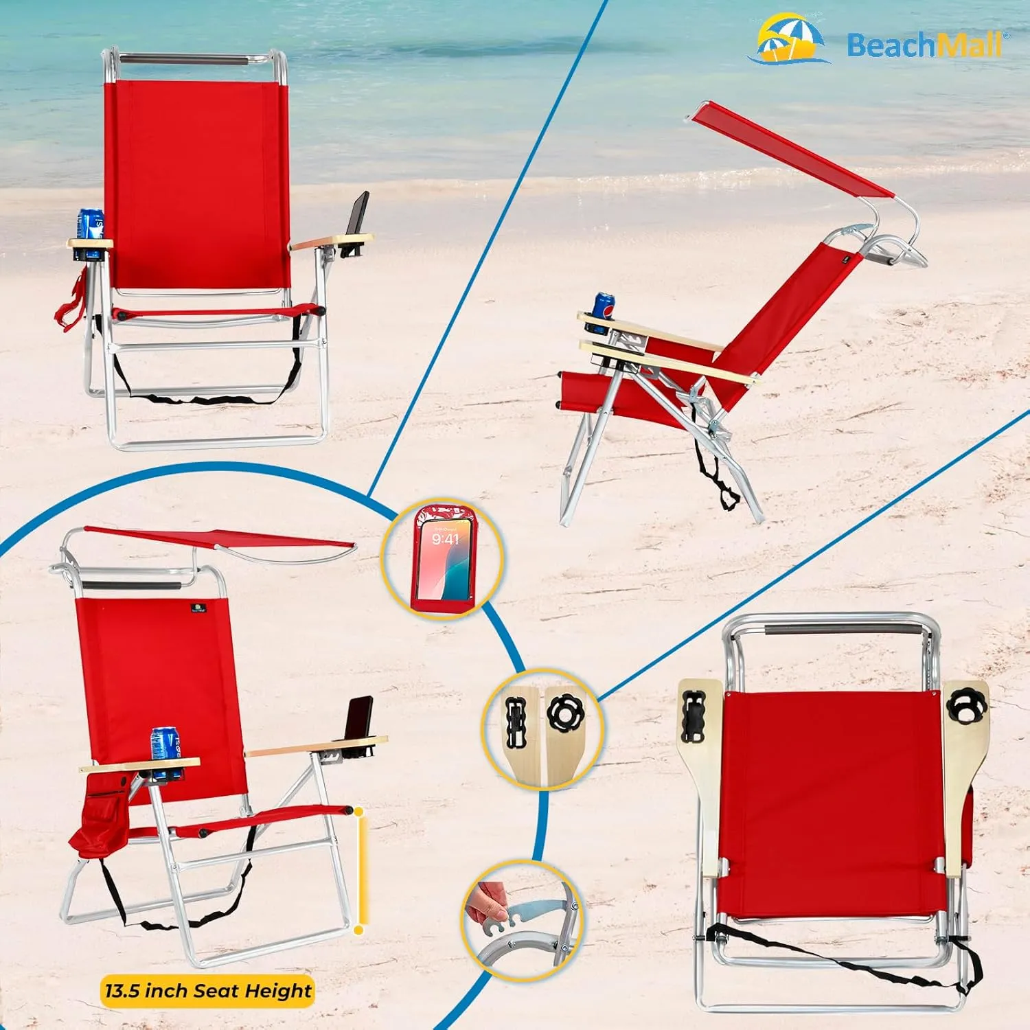 Deluxe 4 Reclining Positions Lightweight High Aluminum Beach Chair with Canopy Shade for Adults, Drink Holder, Storage Pouch