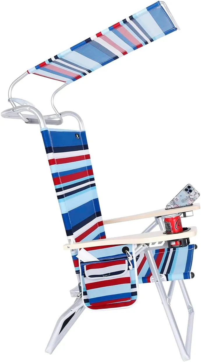 Deluxe 4 Reclining Positions Lightweight High Aluminum Beach Chair with Canopy Shade for Adults, Drink Holder, Storage Pouch