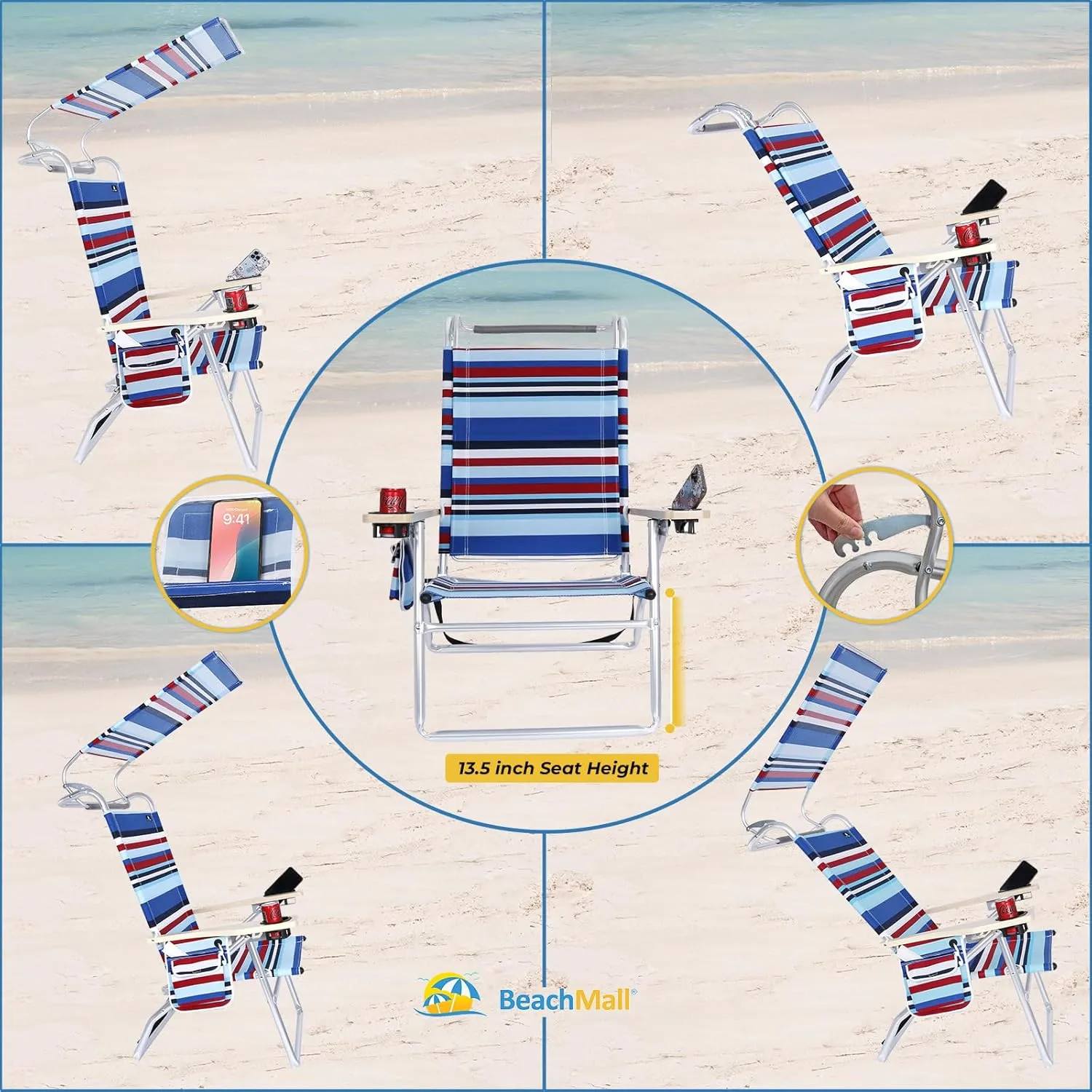 Deluxe 4 Reclining Positions Lightweight High Aluminum Beach Chair with Canopy Shade for Adults, Drink Holder, Storage Pouch