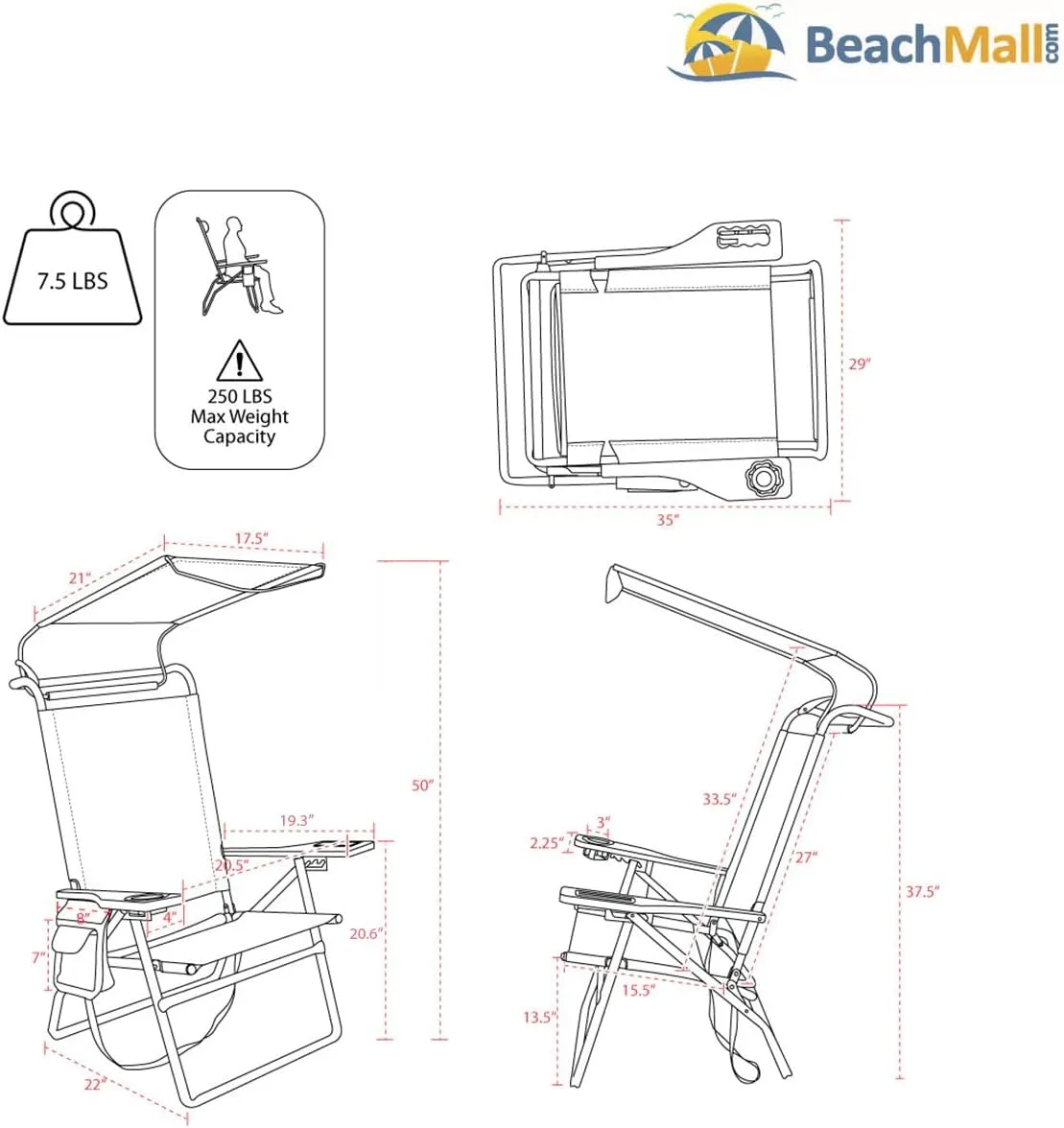 Deluxe 4 Reclining Positions Lightweight High Aluminum Beach Chair with Canopy Shade for Adults, Drink Holder, Storage Pouch