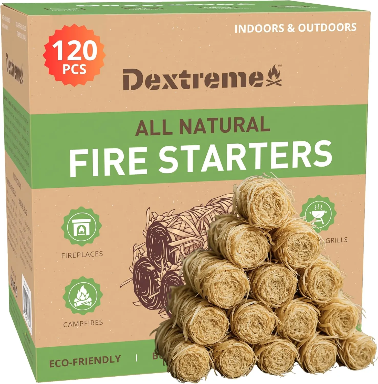 Dextreme Fire Starter (120 PCS) Natural Fire Starters for Campfire, Charcoal Starter, Fireplace, Wood Stove, BBQ, Chimney, Fire Pit, and Grill | All Weather, Odorless, Non-Toxic, w/10 Min Burning Time