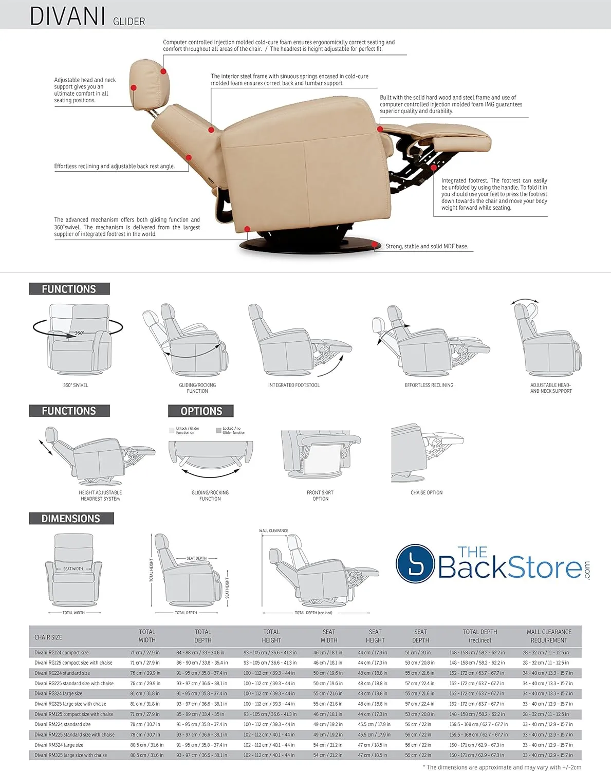 Divani RG 325 Large Glider Relaxer Rocking Recliner Swivel Chair - Trend Smoke Leather Manual Recline - Adjustable Headres