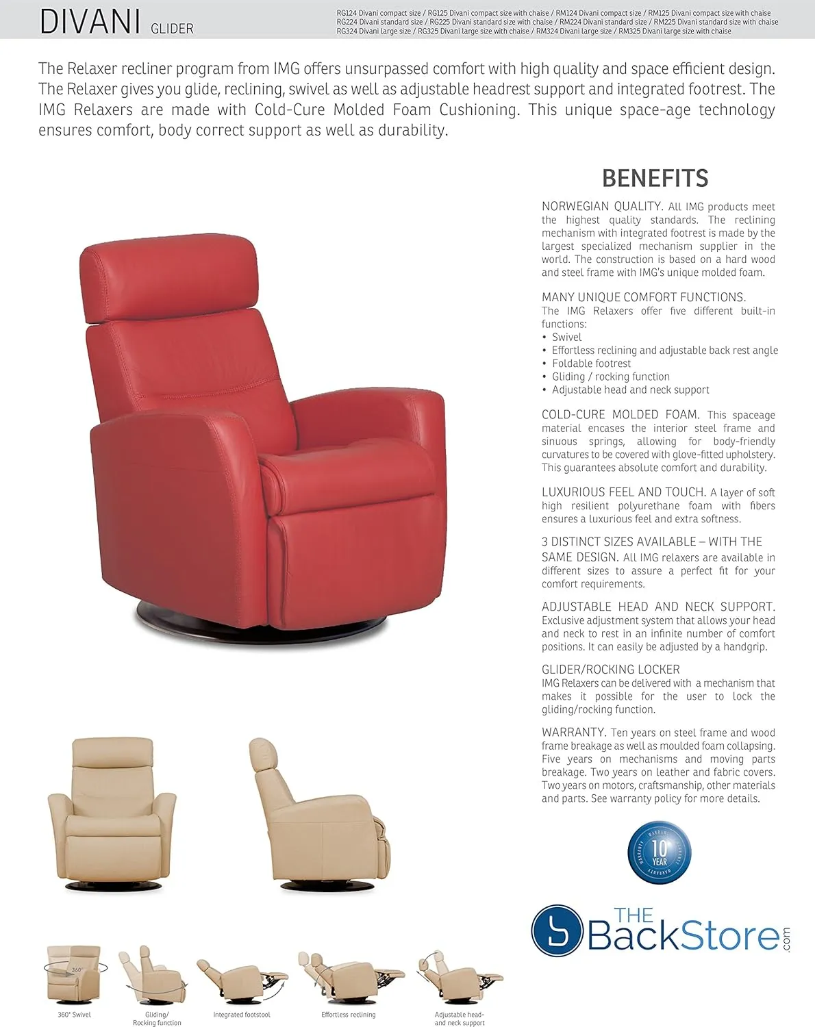 Divani RG 325 Large Glider Relaxer Rocking Recliner Swivel Chair - Trend Smoke Leather Manual Recline - Adjustable Headres