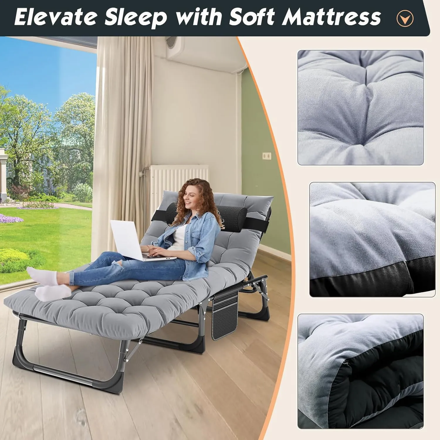 DoCred 5-Fold Camping cot for Adults, Adjustable Folding Bed Reclining Folding Lounge Chairs, 2-Sided Mattress with Pillow, Portable Intdoor Folding Sleeping Cots Bed
