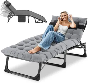 DoCred 5-Fold Camping cot for Adults, Adjustable Folding Bed Reclining Folding Lounge Chairs, 2-Sided Mattress with Pillow, Portable Intdoor Folding Sleeping Cots Bed