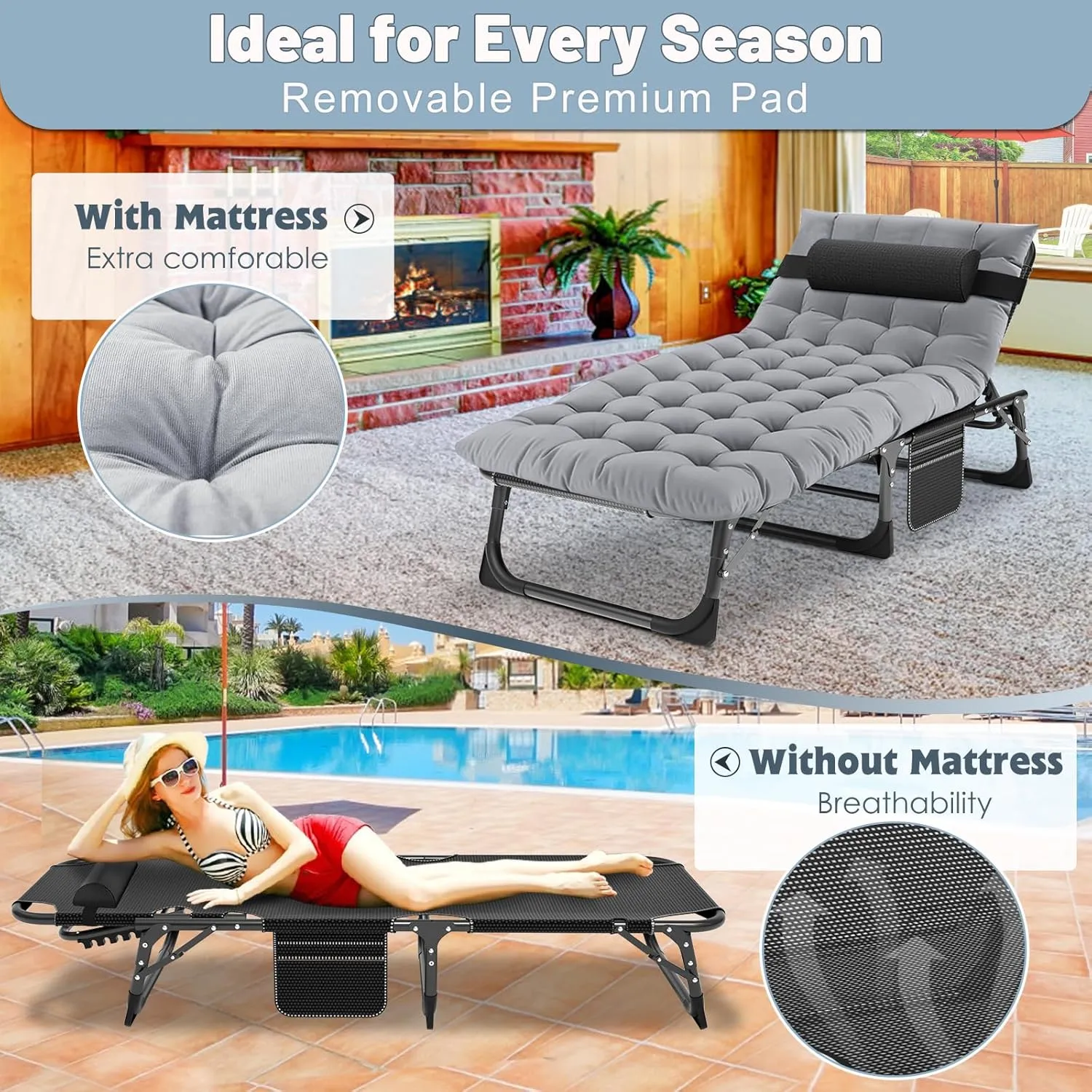 DoCred 5-Fold Camping cot for Adults, Adjustable Folding Bed Reclining Folding Lounge Chairs, 2-Sided Mattress with Pillow, Portable Intdoor Folding Sleeping Cots Bed