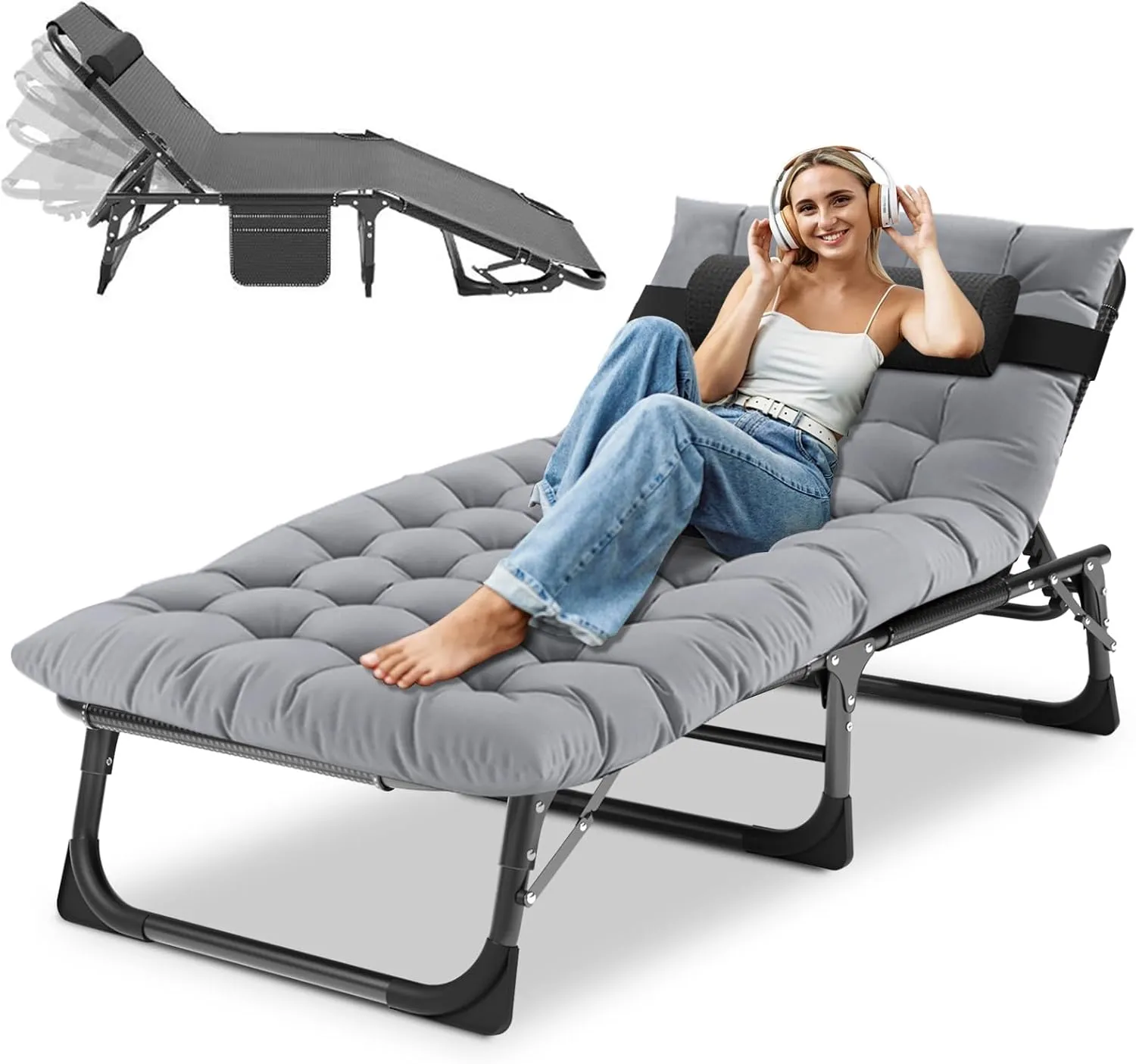 DoCred 5-Fold Camping cot for Adults, Adjustable Folding Bed Reclining Folding Lounge Chairs, 2-Sided Mattress with Pillow, Portable Intdoor Folding Sleeping Cots Bed