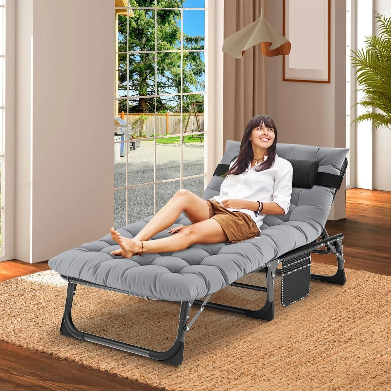 DoCred 5-Fold Camping cot for Adults, Adjustable Folding Bed Reclining Folding Lounge Chairs, 2-Sided Mattress with Pillow, Portable Intdoor Folding Sleeping Cots Bed