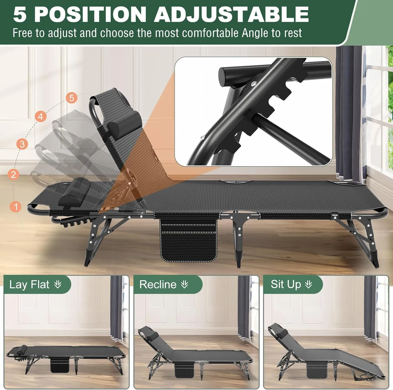 DoCred 5-Fold Camping cot for Adults, Adjustable Folding Bed Reclining Folding Lounge Chairs, 2-Sided Mattress with Pillow, Portable Intdoor Folding Sleeping Cots Bed