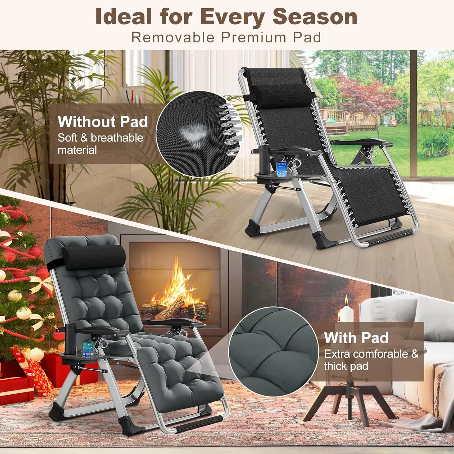 DoCred Comfy Chair, Folding Chair Recliner Chair for Bedroom and Living Room, Folding Reclining Patio Chairs Lounge Chair with Removable Cushion for Indoor Outdoor