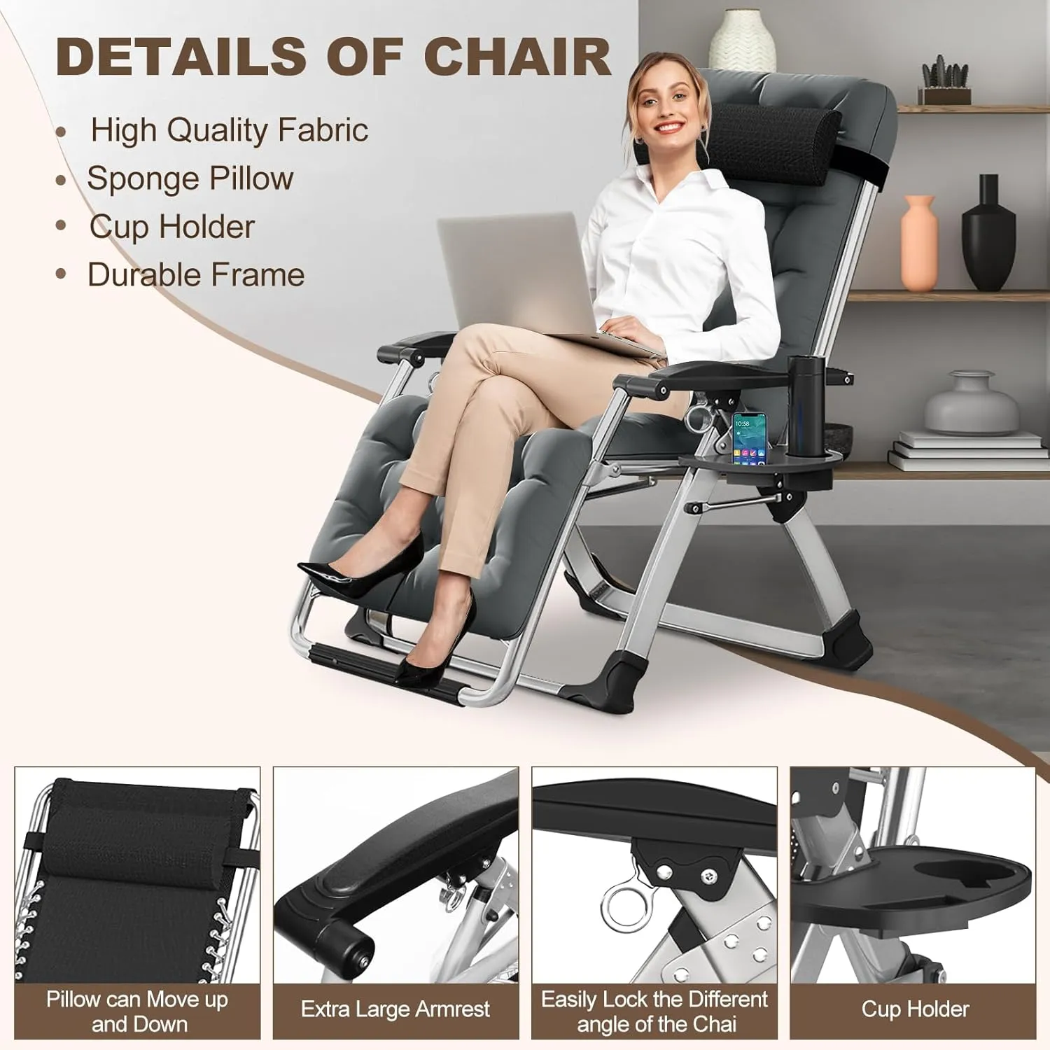 DoCred Comfy Chair, Folding Chair Recliner Chair for Bedroom and Living Room, Folding Reclining Patio Chairs Lounge Chair with Removable Cushion for Indoor Outdoor