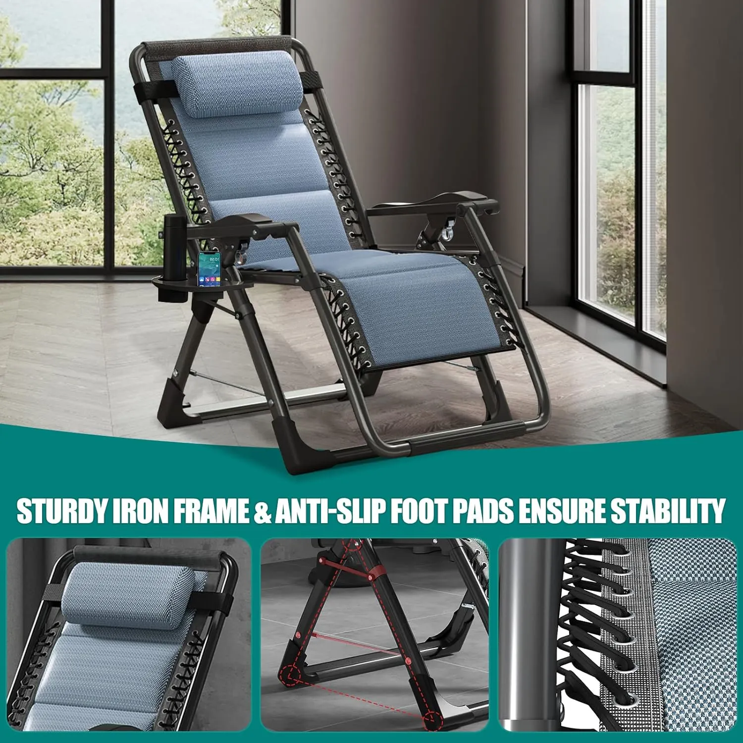 DoCred Comfy Folding Recliner Chair for Bedroom, Living Room & Patio - Ice Touch Lounge Chair with Removable Tray for Indoor Outdoor