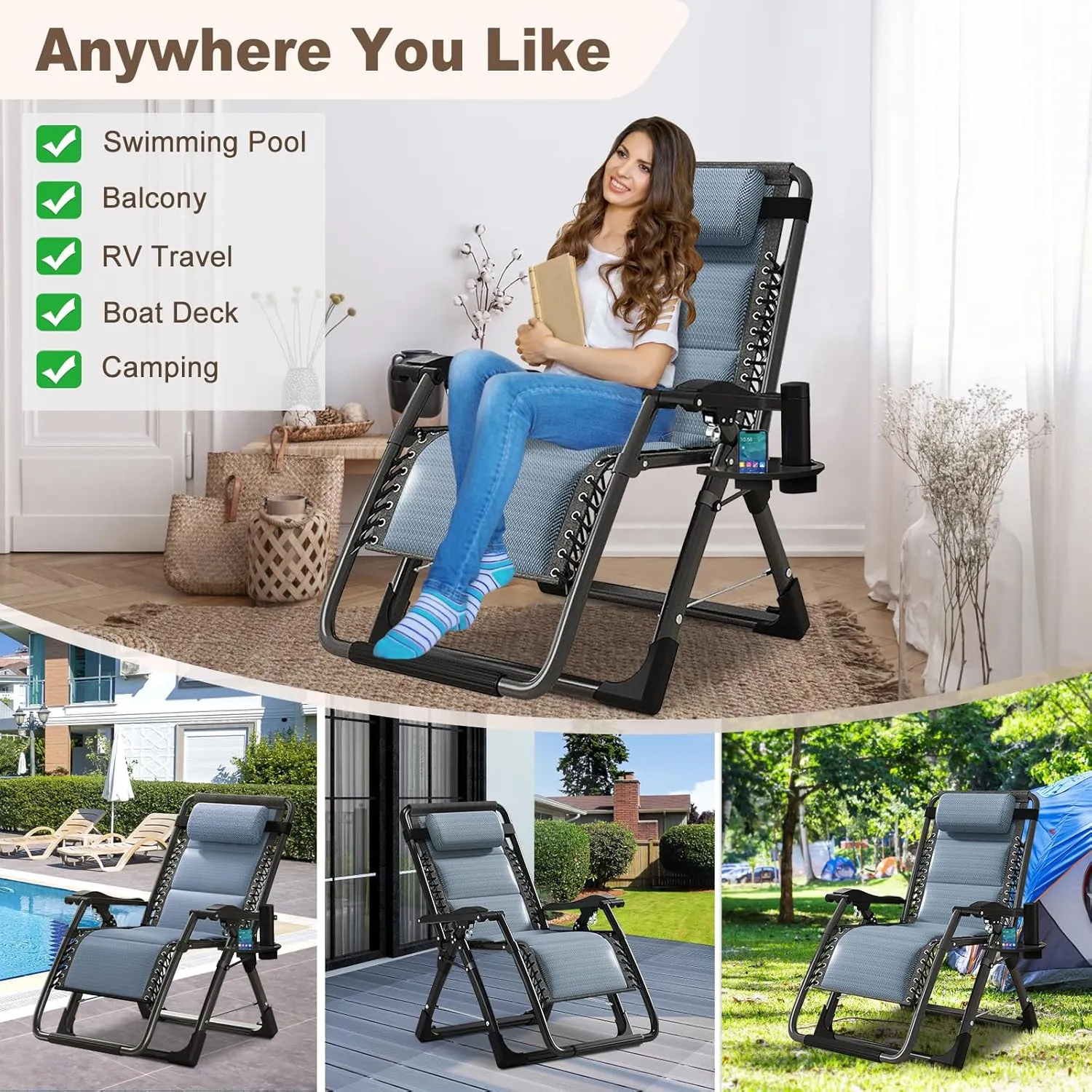 DoCred Comfy Folding Recliner Chair for Bedroom, Living Room & Patio - Ice Touch Lounge Chair with Removable Tray for Indoor Outdoor