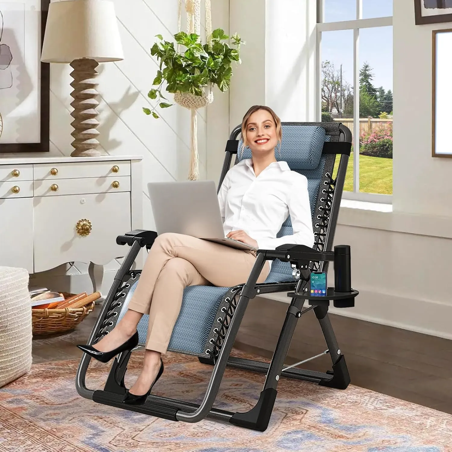 DoCred Comfy Folding Recliner Chair for Bedroom, Living Room & Patio - Ice Touch Lounge Chair with Removable Tray for Indoor Outdoor