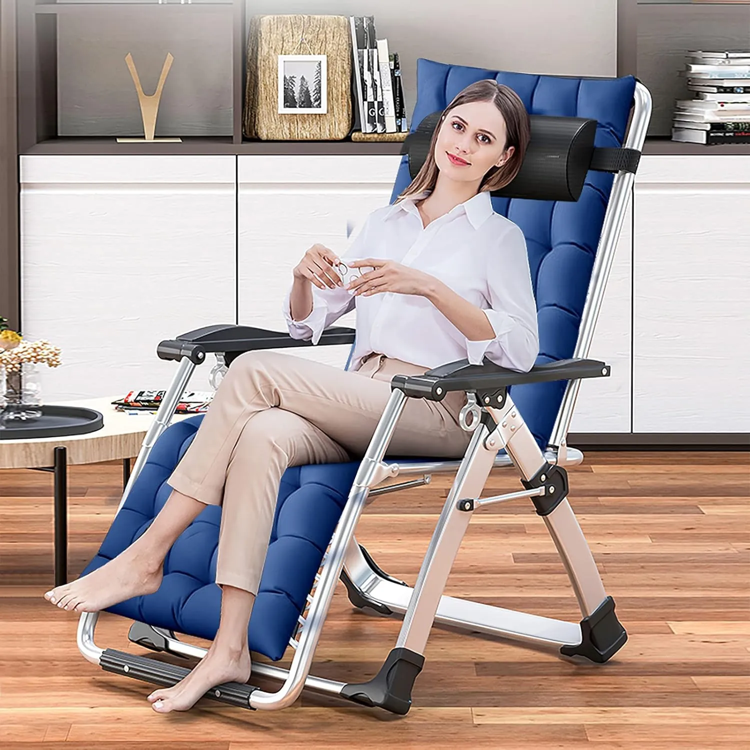 DoCred Zero Gravity Chair, Lawn Recliner, Reclining Patio Lounger Chair, Folding Portable Chaise with Detachable Soft Cushion, Cup Holder, Headrest