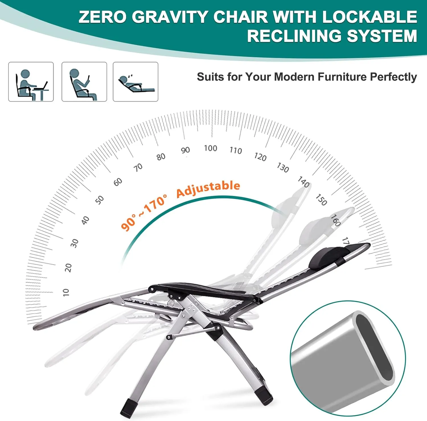 DoCred Zero Gravity Chair, Lawn Recliner, Reclining Patio Lounger Chair, Folding Portable Chaise with Detachable Soft Cushion, Cup Holder, Headrest