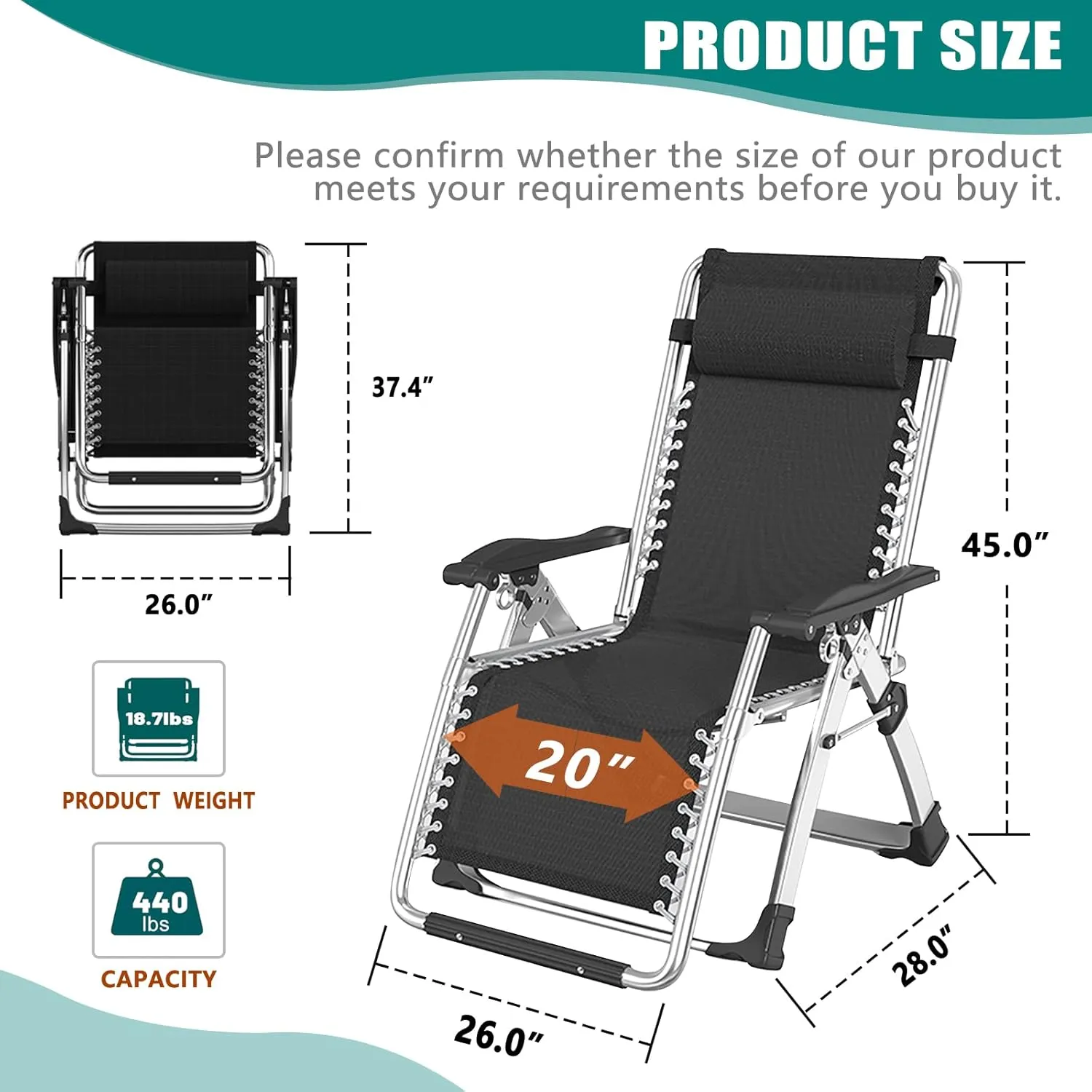 DoCred Zero Gravity Chair, Lawn Recliner, Reclining Patio Lounger Chair, Folding Portable Chaise with Detachable Soft Cushion, Cup Holder, Headrest