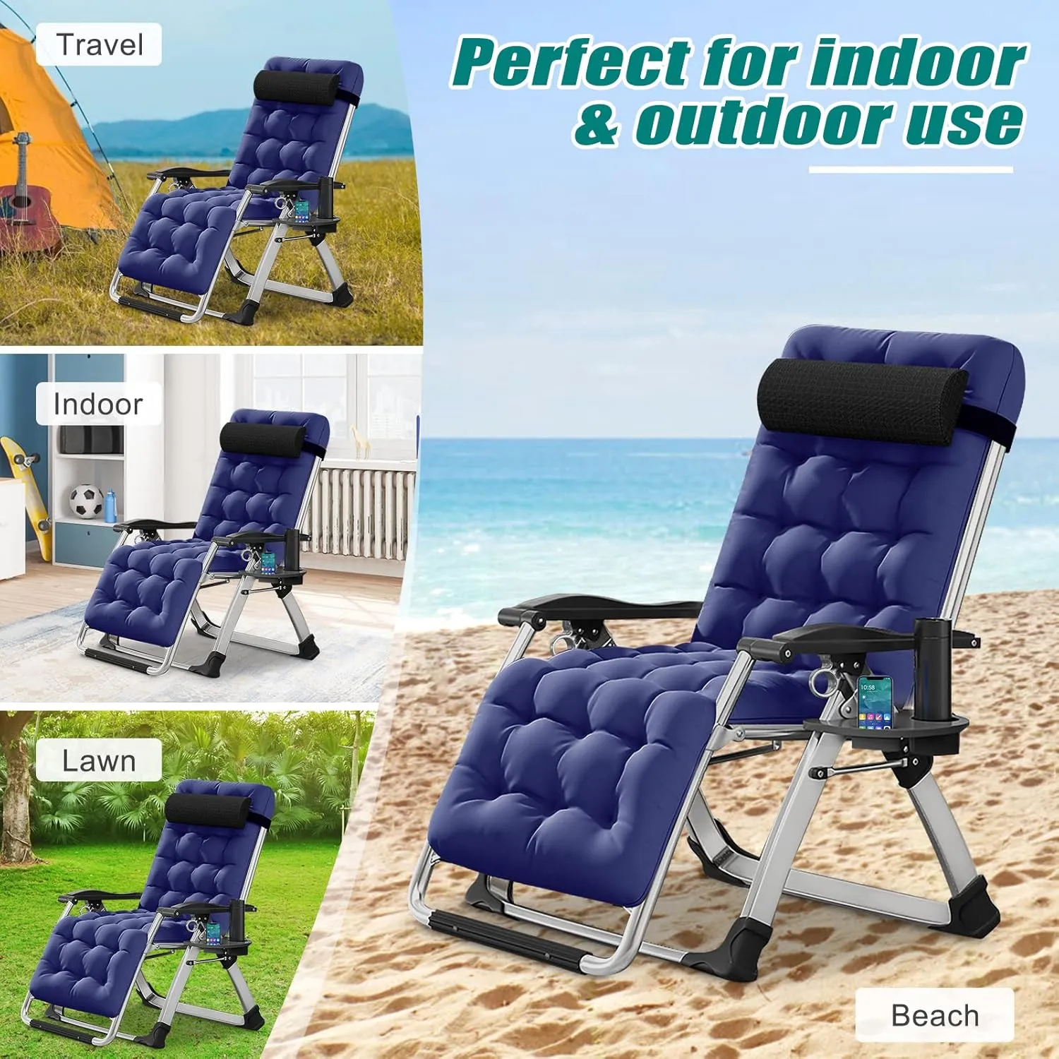 DoCred Zero Gravity Chair, Lawn Recliner, Reclining Patio Lounger Chair, Folding Portable Chaise with Detachable Soft Cushion, Cup Holder, Headrest