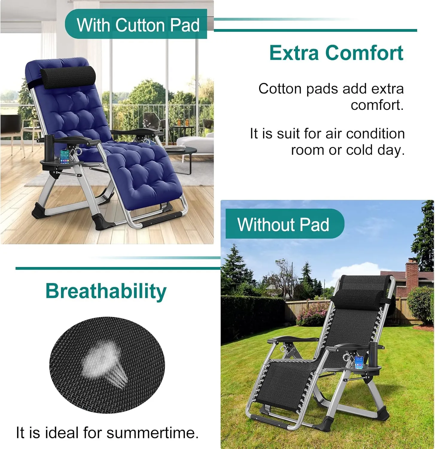 DoCred Zero Gravity Chair, Lawn Recliner, Reclining Patio Lounger Chair, Folding Portable Chaise with Detachable Soft Cushion, Cup Holder, Headrest