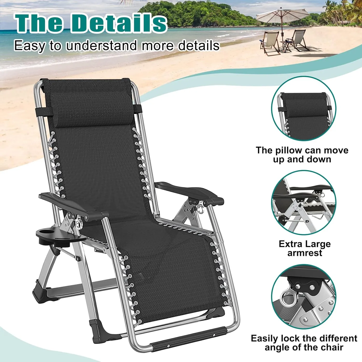 DoCred Zero Gravity Chair, Lawn Recliner, Reclining Patio Lounger Chair, Folding Portable Chaise with Detachable Soft Cushion, Cup Holder, Headrest