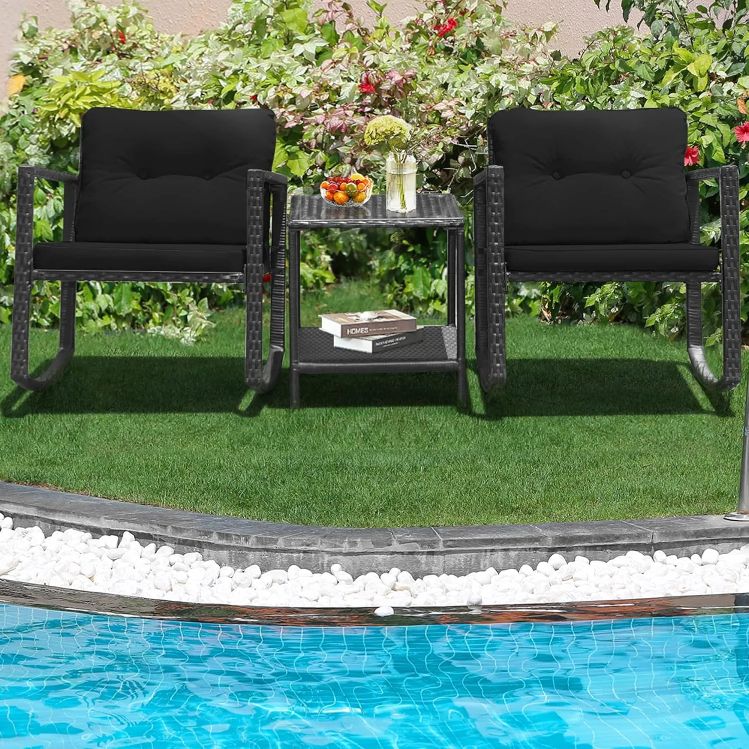 DORTALA 3 Pieces Patio Furniture Set, Rattan Rocking Chair and Glass Coffee Table with Cushions, Outdoor Wicker Conversation Bistro Set of 3 for Backyard Poolside, Black