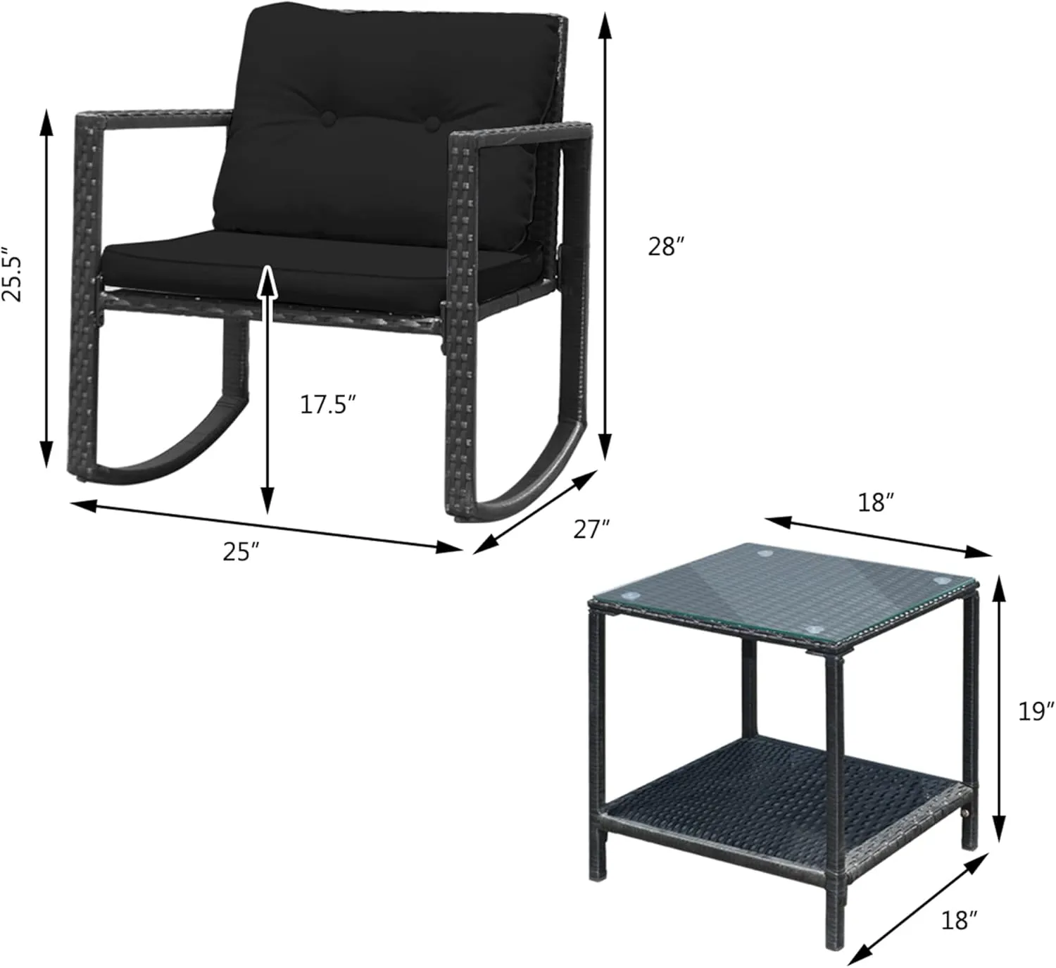 DORTALA 3 Pieces Patio Furniture Set, Rattan Rocking Chair and Glass Coffee Table with Cushions, Outdoor Wicker Conversation Bistro Set of 3 for Backyard Poolside, Black