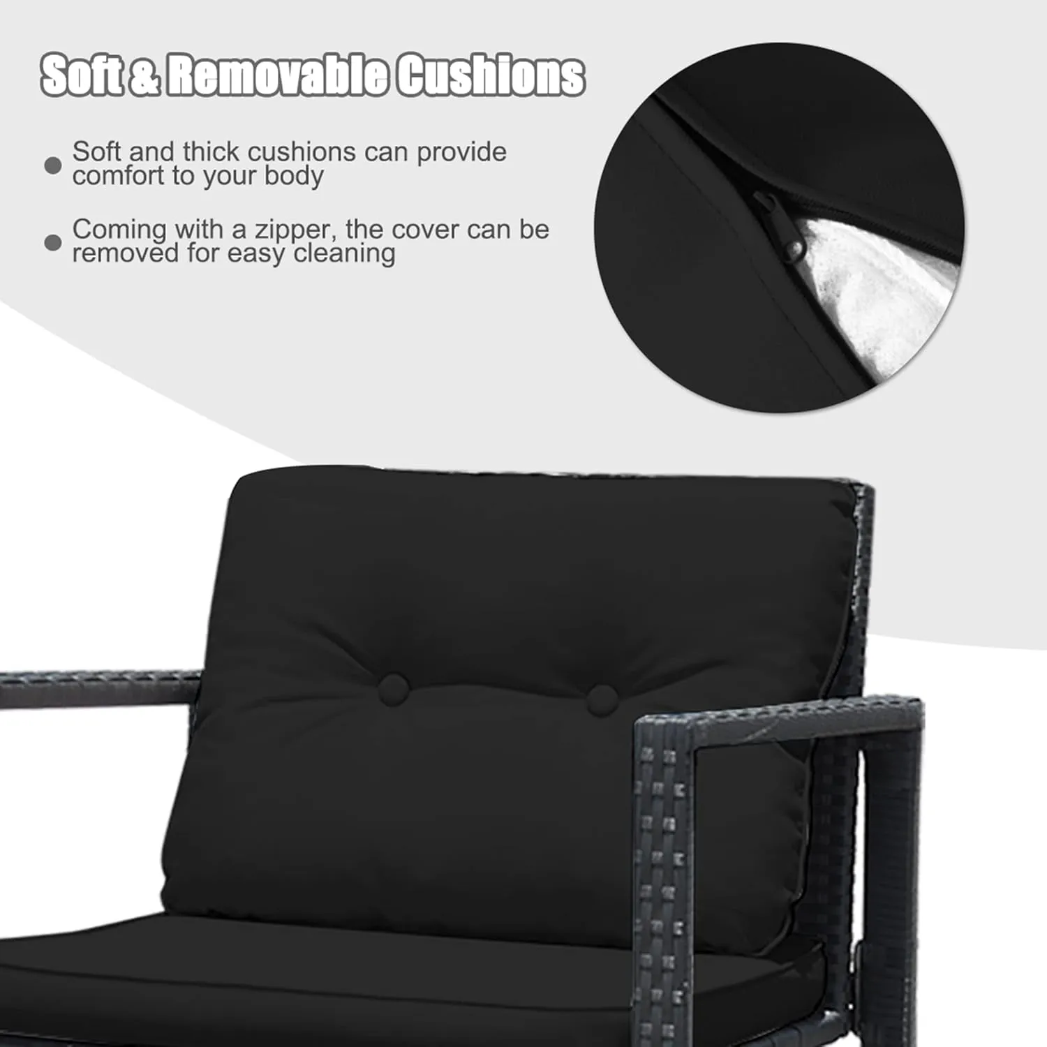DORTALA 3 Pieces Patio Furniture Set, Rattan Rocking Chair and Glass Coffee Table with Cushions, Outdoor Wicker Conversation Bistro Set of 3 for Backyard Poolside, Black