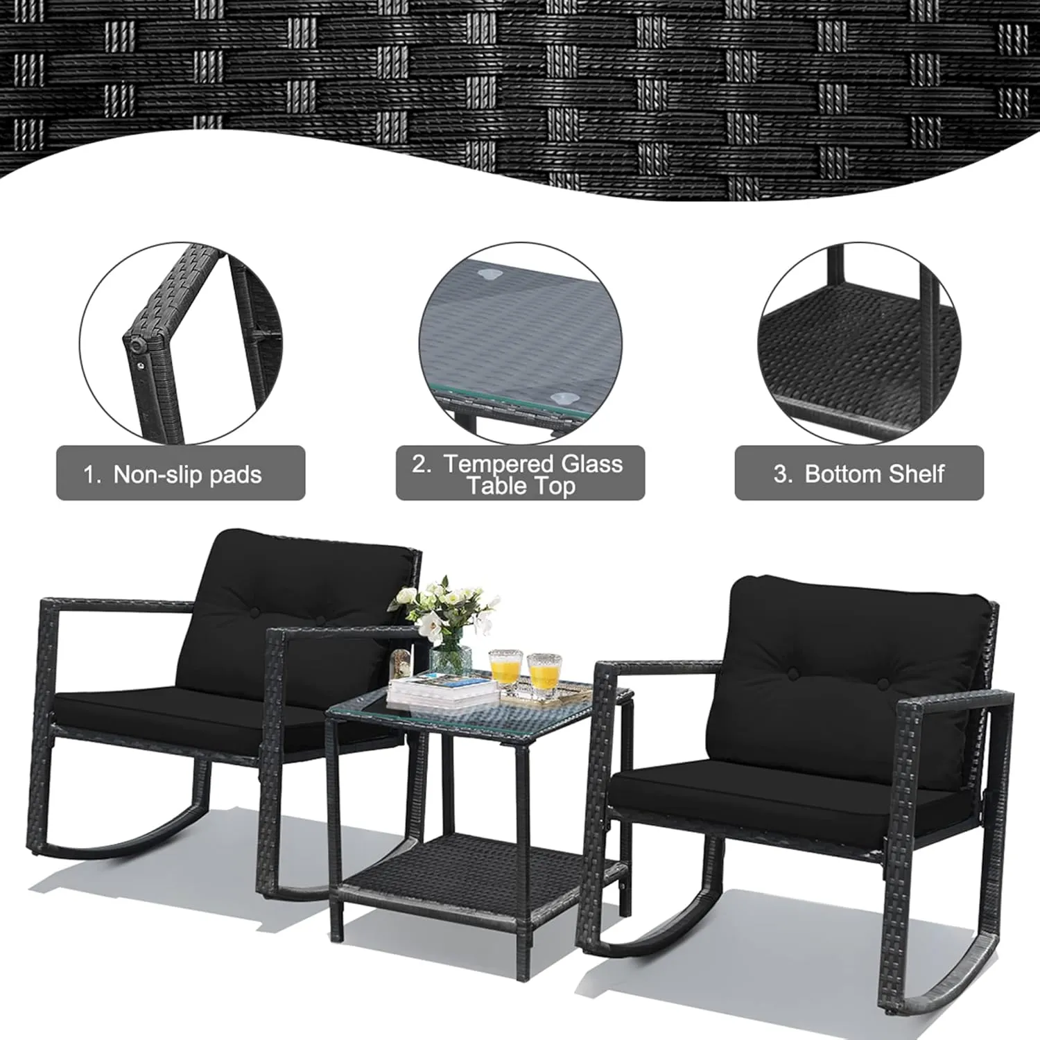 DORTALA 3 Pieces Patio Furniture Set, Rattan Rocking Chair and Glass Coffee Table with Cushions, Outdoor Wicker Conversation Bistro Set of 3 for Backyard Poolside, Black