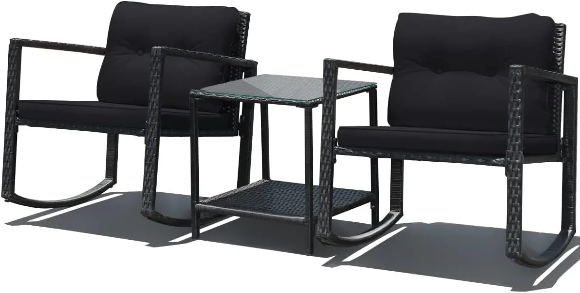 DORTALA 3 Pieces Patio Furniture Set, Rattan Rocking Chair and Glass Coffee Table with Cushions, Outdoor Wicker Conversation Bistro Set of 3 for Backyard Poolside, Black