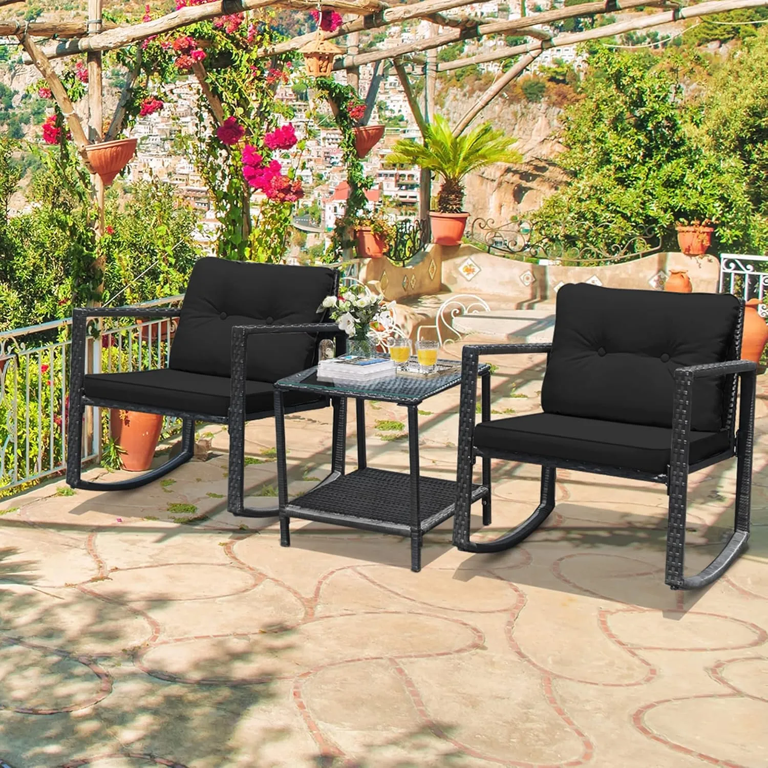 DORTALA 3 Pieces Patio Furniture Set, Rattan Rocking Chair and Glass Coffee Table with Cushions, Outdoor Wicker Conversation Bistro Set of 3 for Backyard Poolside, Black