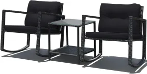DORTALA 3 Pieces Patio Furniture Set, Rattan Rocking Chair and Glass Coffee Table with Cushions, Outdoor Wicker Conversation Bistro Set of 3 for Backyard Poolside, Black