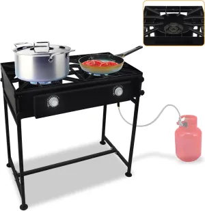 Double Burner Propane Stove outdoor - 1,50,000 High btu Propane Burner Camping stove W/Detachable legs - Steel 2 burner propane stove outdoor Gas stove - W/CSA-approved 0-20 PSI regulator & hose pipe