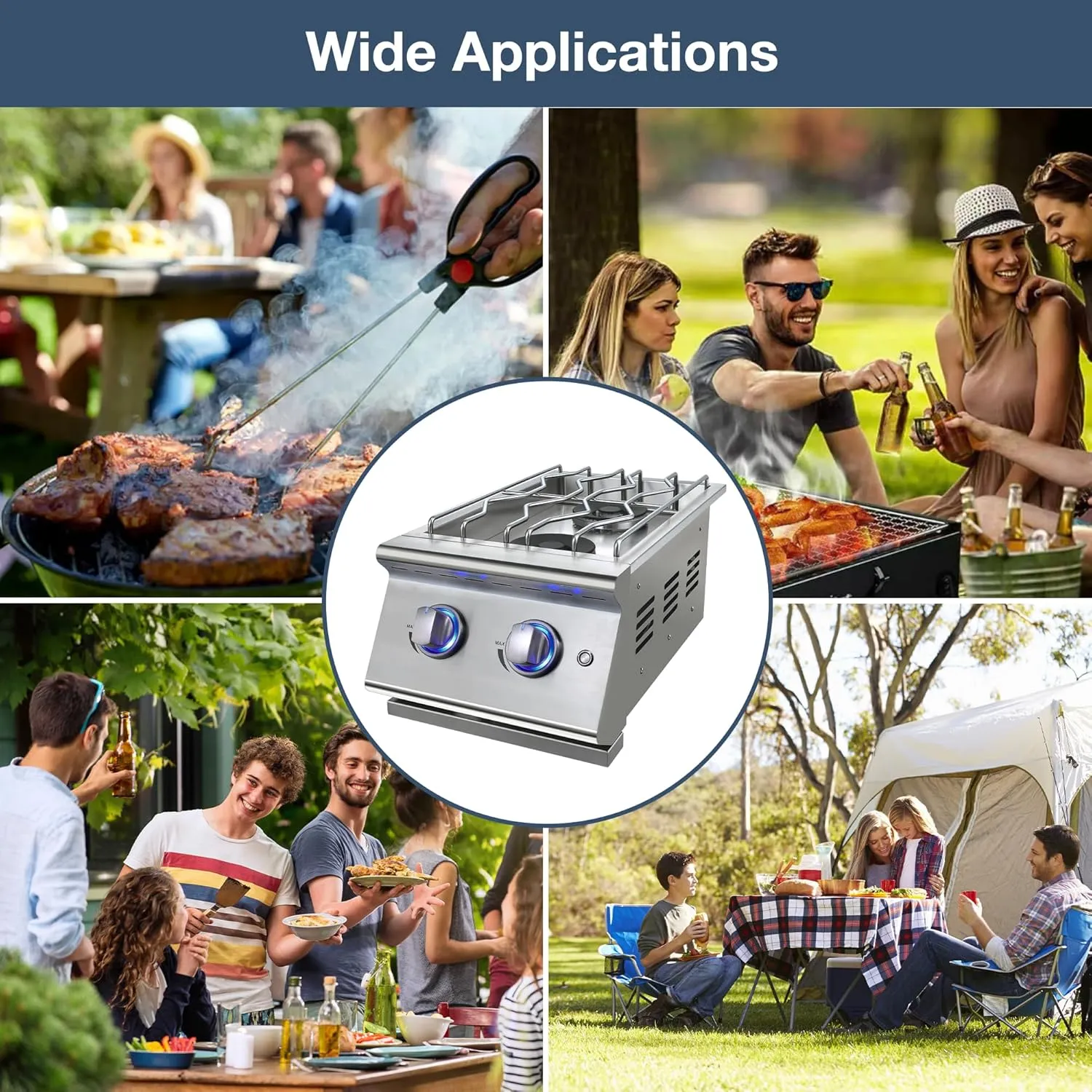 Double Grilling Side Burners for Outdoor Kitchen, 2 * 15,000BTU Natural Gas Burners, Sturdy 304 Stainless Steel, with Liquid Propane Kit, Built-in Side Burner for BBQ Island Grill