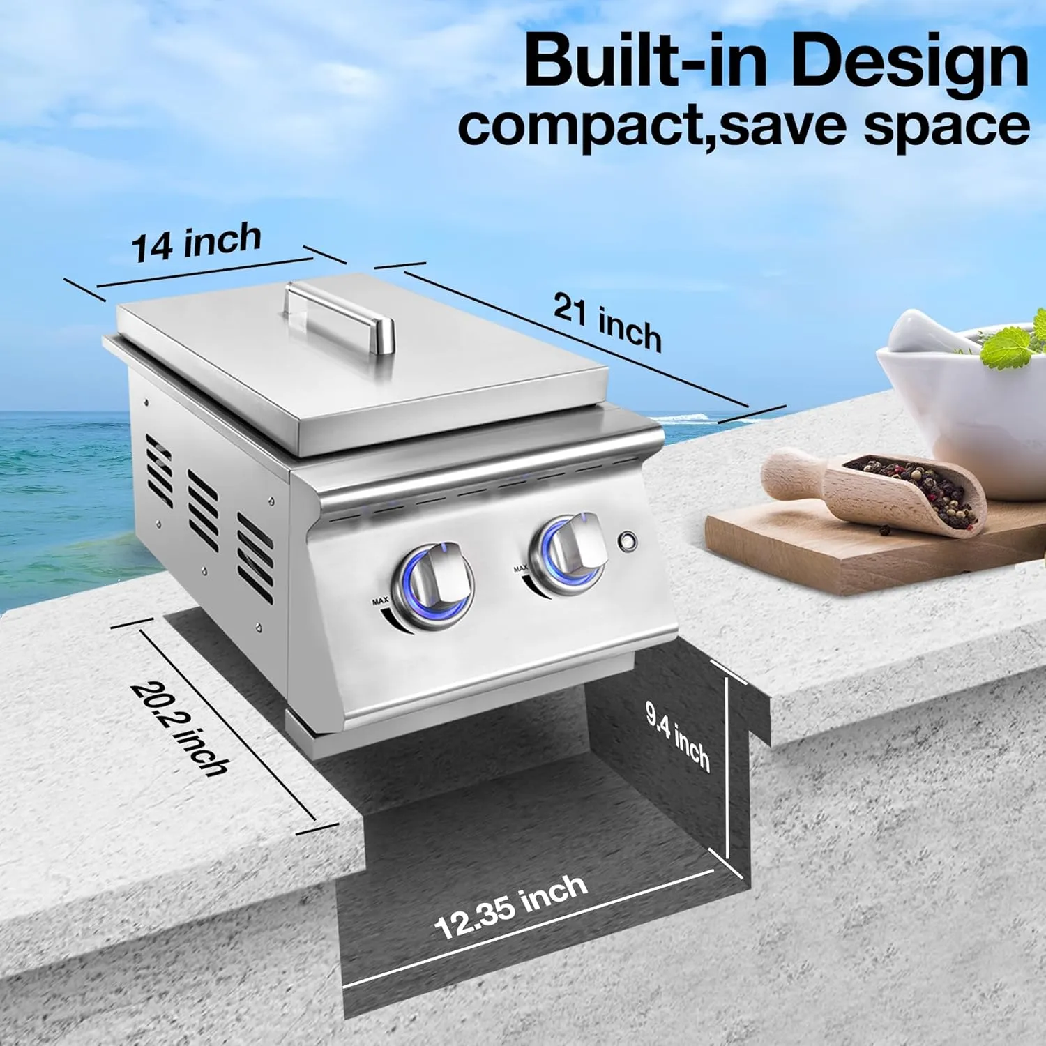 Double Grilling Side Burners for Outdoor Kitchen, 2 * 15,000BTU Natural Gas Burners, Sturdy 304 Stainless Steel, with Liquid Propane Kit, Built-in Side Burner for BBQ Island Grill
