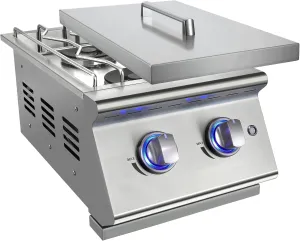Double Grilling Side Burners for Outdoor Kitchen, 2 * 15,000BTU Natural Gas Burners, Sturdy 304 Stainless Steel, with Liquid Propane Kit, Built-in Side Burner for BBQ Island Grill