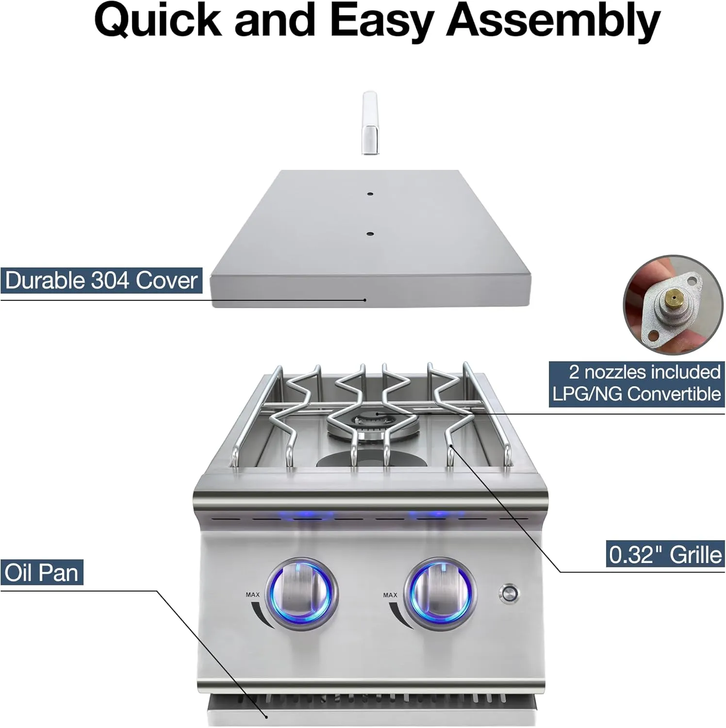 Double Grilling Side Burners for Outdoor Kitchen, 2 * 15,000BTU Natural Gas Burners, Sturdy 304 Stainless Steel, with Liquid Propane Kit, Built-in Side Burner for BBQ Island Grill