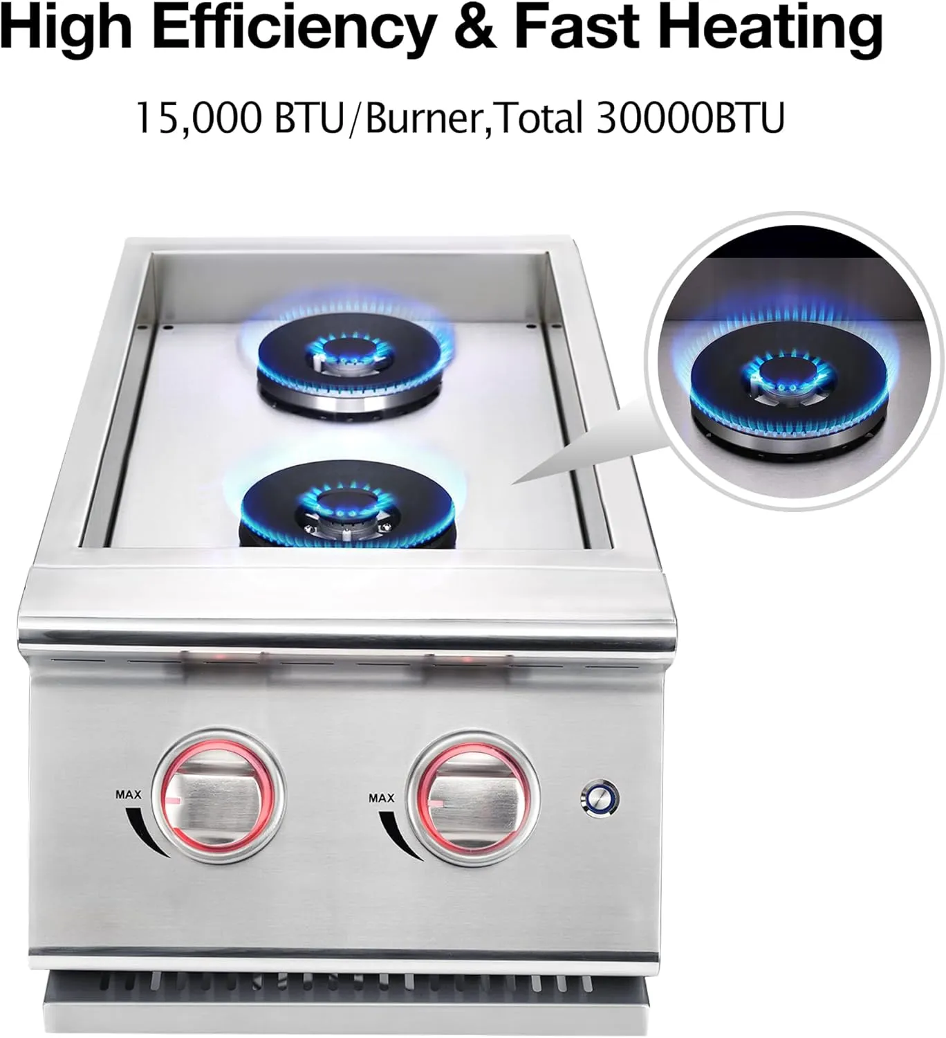 Double Grilling Side Burners for Outdoor Kitchen, 2 * 15,000BTU Natural Gas Burners, Sturdy 304 Stainless Steel, with Liquid Propane Kit, Built-in Side Burner for BBQ Island Grill
