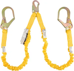 Double Leg 6-Foot Fall Protection Internal Shock Absorbing Stretchable Safety Lanyard with Snap & Rebar Hook Connectors ANSI Compliant