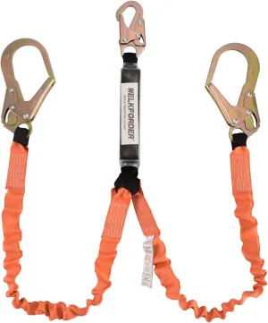 Double Leg 6-Foot Safety Lanyard for Consturction Shock Absorber Stretchable Lanyard with Snap & Rebar Hook Connectors ANSI Z359.13-2013 Complaint