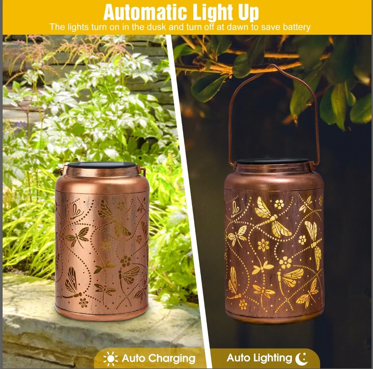 Dragonfly Solar Lanterns Outdoor Waterproof, Dragonfly Gardening Birthday Fathers Day Gifts for Dad Husband, Mom, Woman, Metal Decorative Hanging Lanterns Mothers Day Gifts for Yard/Garden Decor