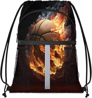 Drawstring Backpack String Bag with Side Pocket Sports Gym Soccer Cinch Sackpack for Women Men Small Beach Workout Storage for Swimming Gear Fire Basketball Sports Ball Backpack