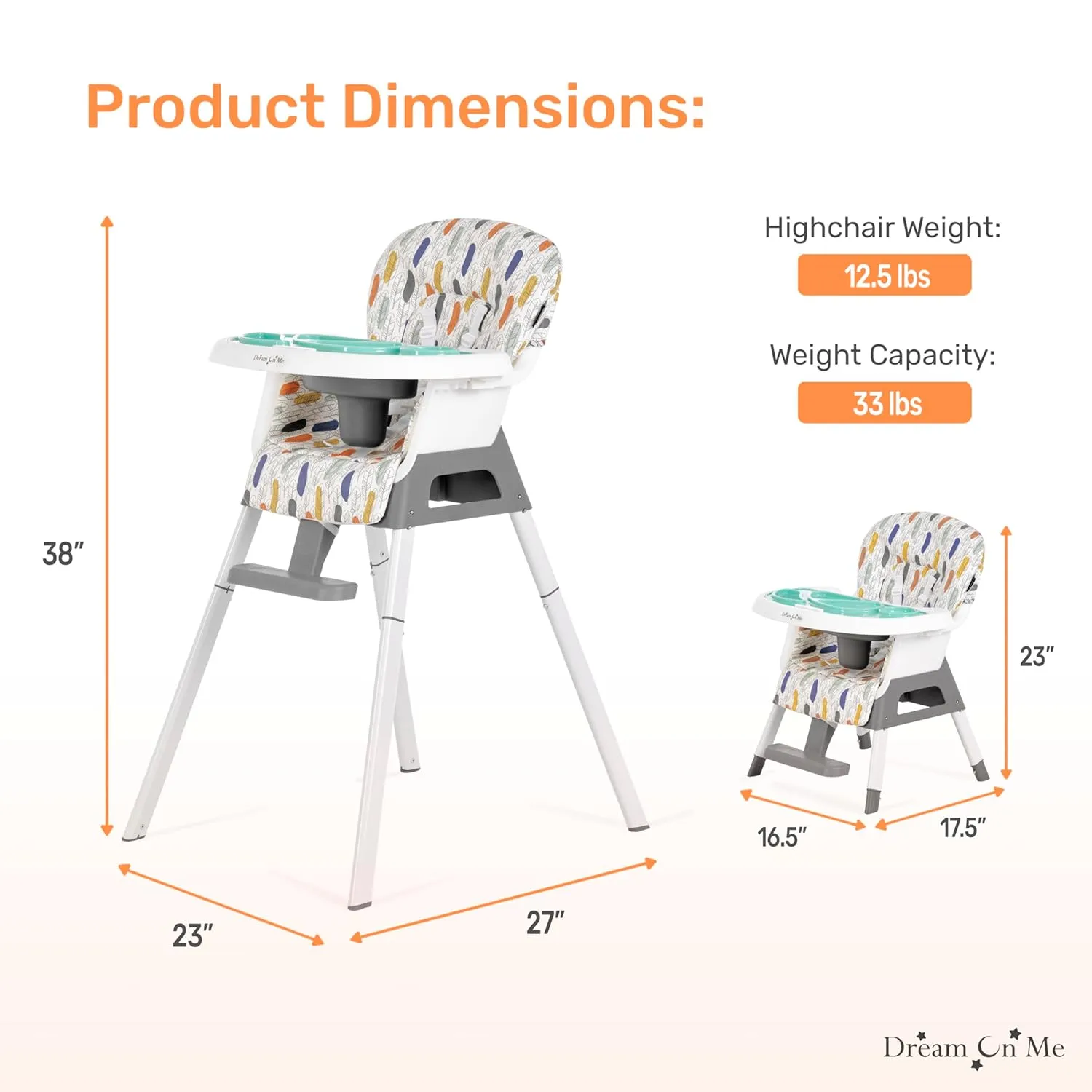 Dream On Me Curio Sit N Seek 3 in 1 Convertible Baby High Chair in Grey, Removable and Adjustable Tray, Portable High Chair, Adjustable Legs, Detachable Footrest, PU Fabric & 5 Point Safety Harness