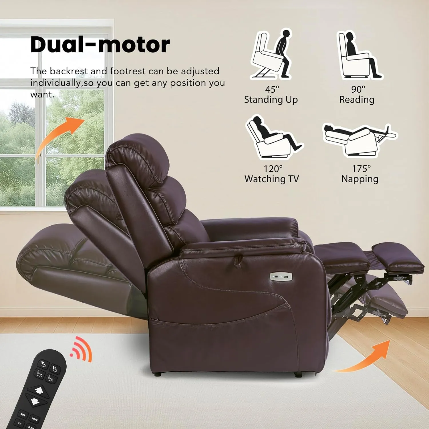 Dual Motor Lay Flat Power Lift Recliner Chair for Elderly, Electirc Leather Lift Chairs for Adults, Heavy Duty Power Recliner Lift Sofa with Heat and Massage, Dark Brown