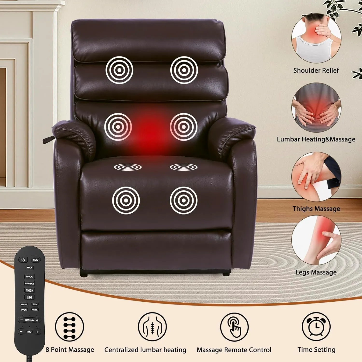 Dual Motor Lay Flat Power Lift Recliner Chair for Elderly, Electirc Leather Lift Chairs for Adults, Heavy Duty Power Recliner Lift Sofa with Heat and Massage, Dark Brown