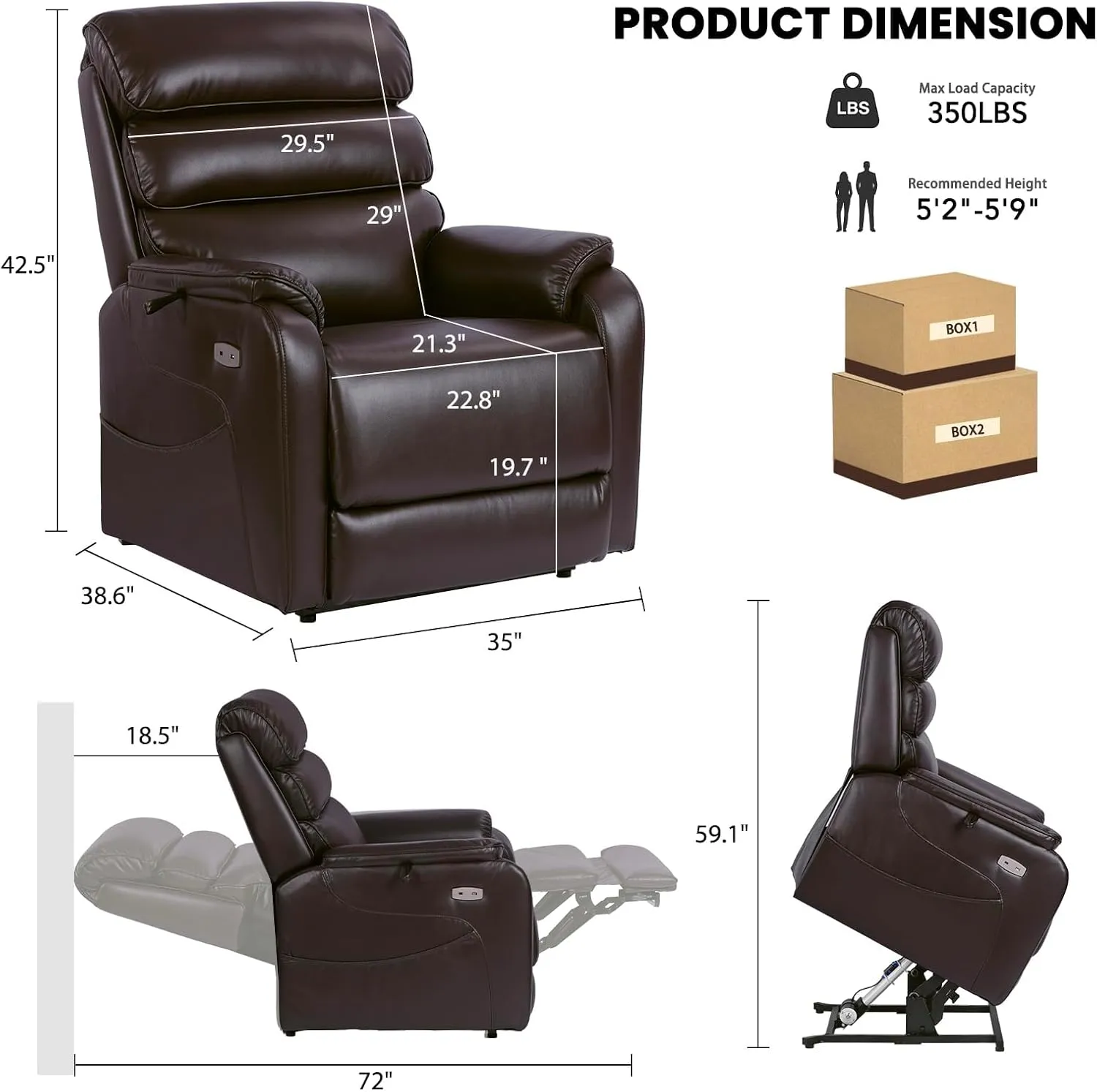 Dual Motor Lay Flat Power Lift Recliner Chair for Elderly, Electirc Leather Lift Chairs for Adults, Heavy Duty Power Recliner Lift Sofa with Heat and Massage, Dark Brown