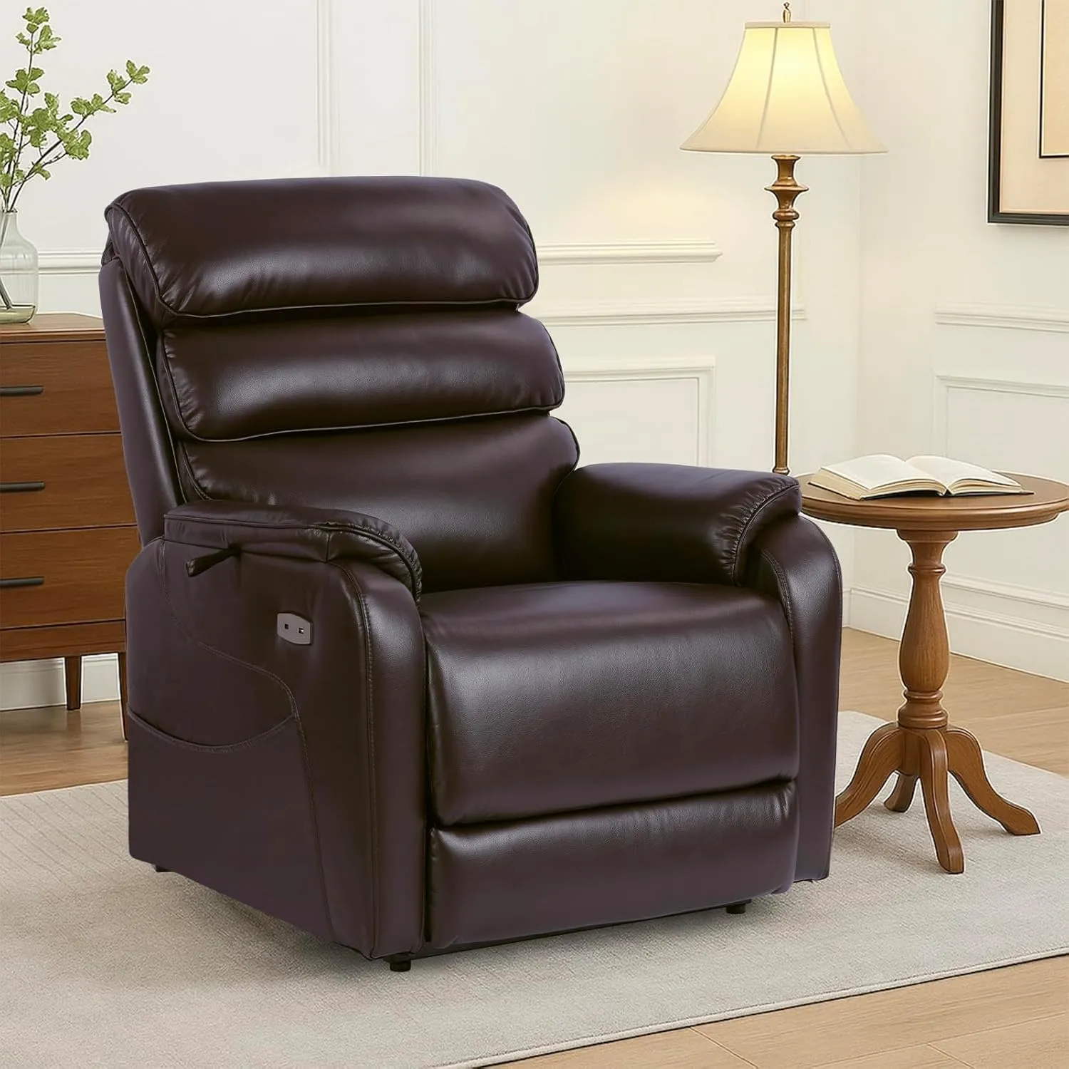 Dual Motor Lay Flat Power Lift Recliner Chair for Elderly, Electirc Leather Lift Chairs for Adults, Heavy Duty Power Recliner Lift Sofa with Heat and Massage, Dark Brown