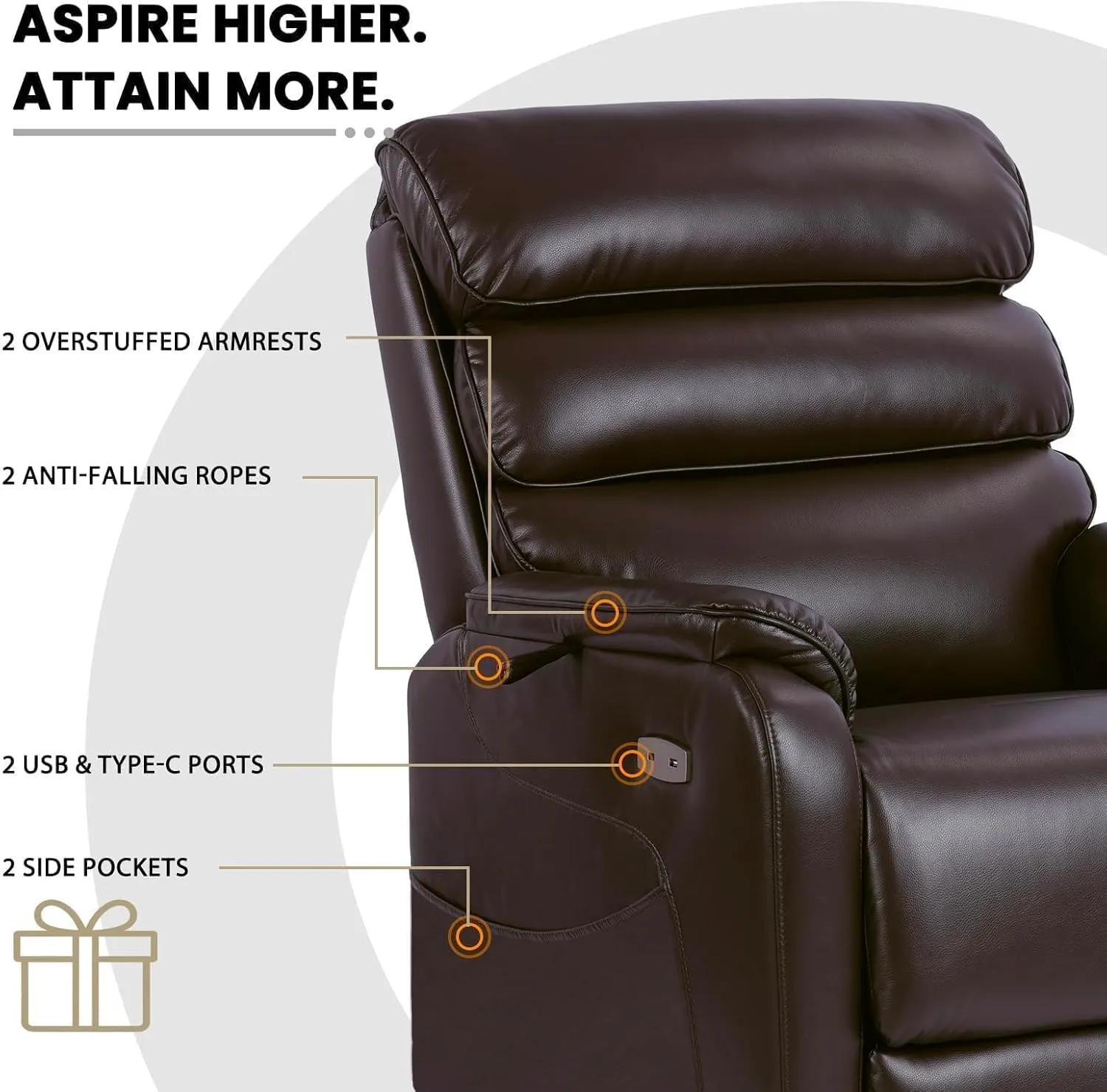 Dual Motor Lay Flat Power Lift Recliner Chair for Elderly, Electirc Leather Lift Chairs for Adults, Heavy Duty Power Recliner Lift Sofa with Heat and Massage, Dark Brown