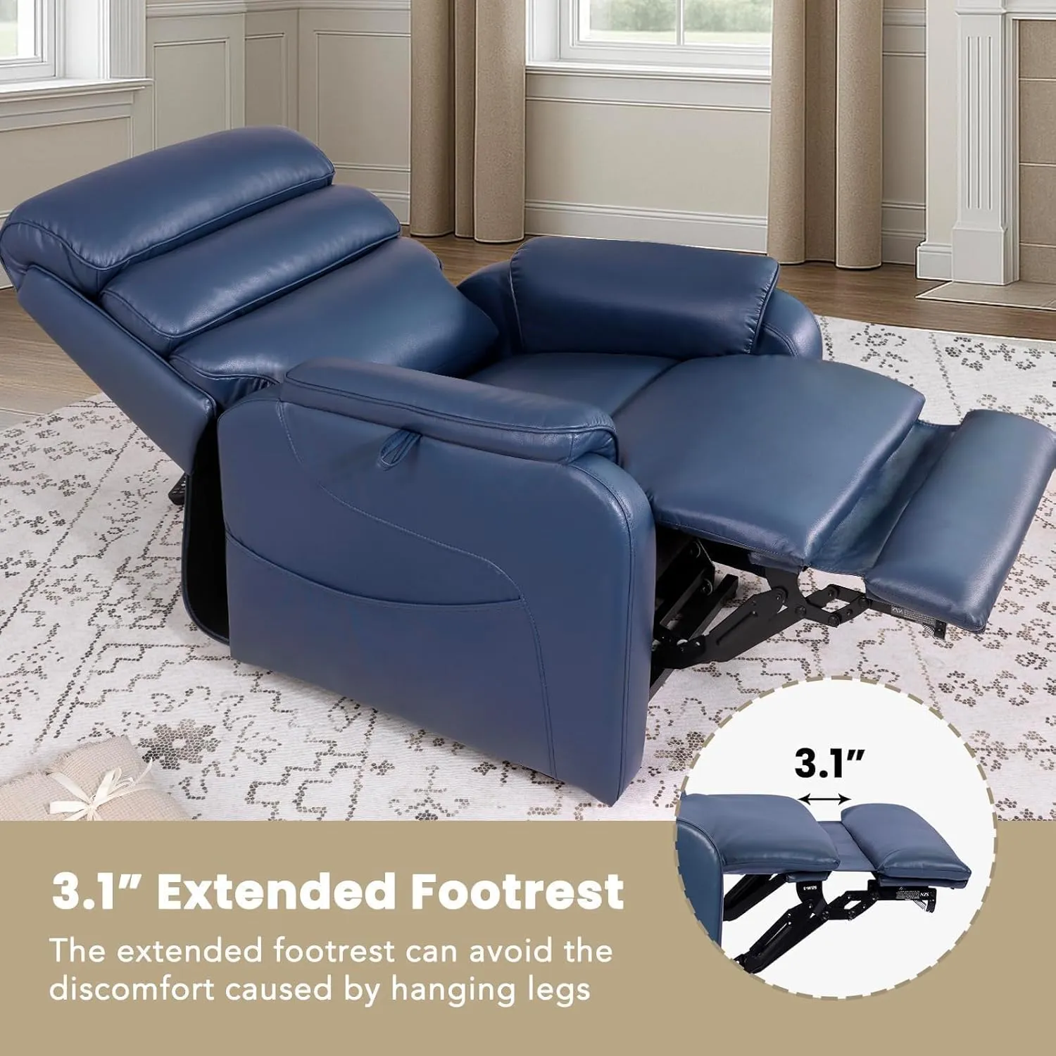 Dual Motor Lay Flat Power Lift Recliner Chair for Elderly, Electirc Leather Lift Chairs for Adults, Heavy Duty Power Recliner Lift Sofa with Heat and Massage, Navy Blue