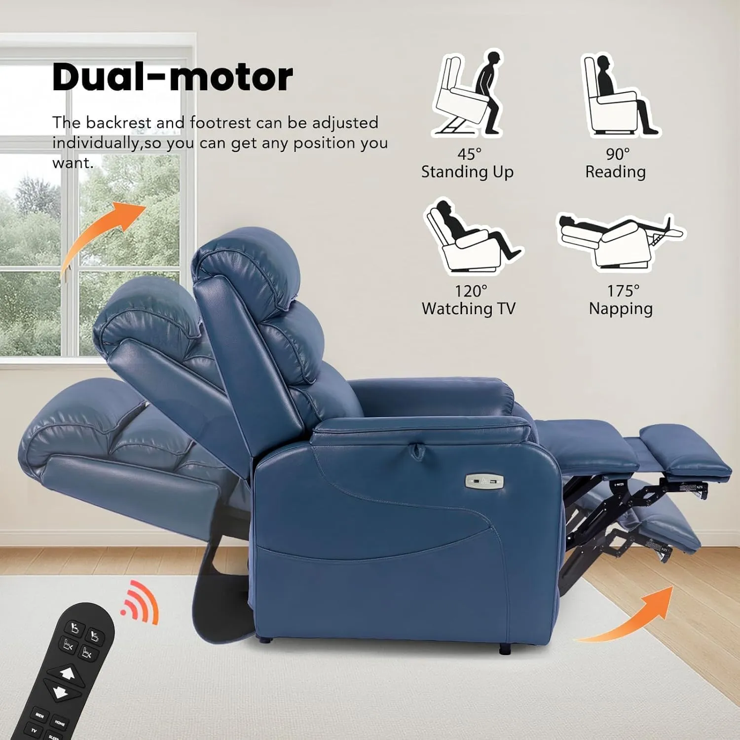 Dual Motor Lay Flat Power Lift Recliner Chair for Elderly, Electirc Leather Lift Chairs for Adults, Heavy Duty Power Recliner Lift Sofa with Heat and Massage, Navy Blue
